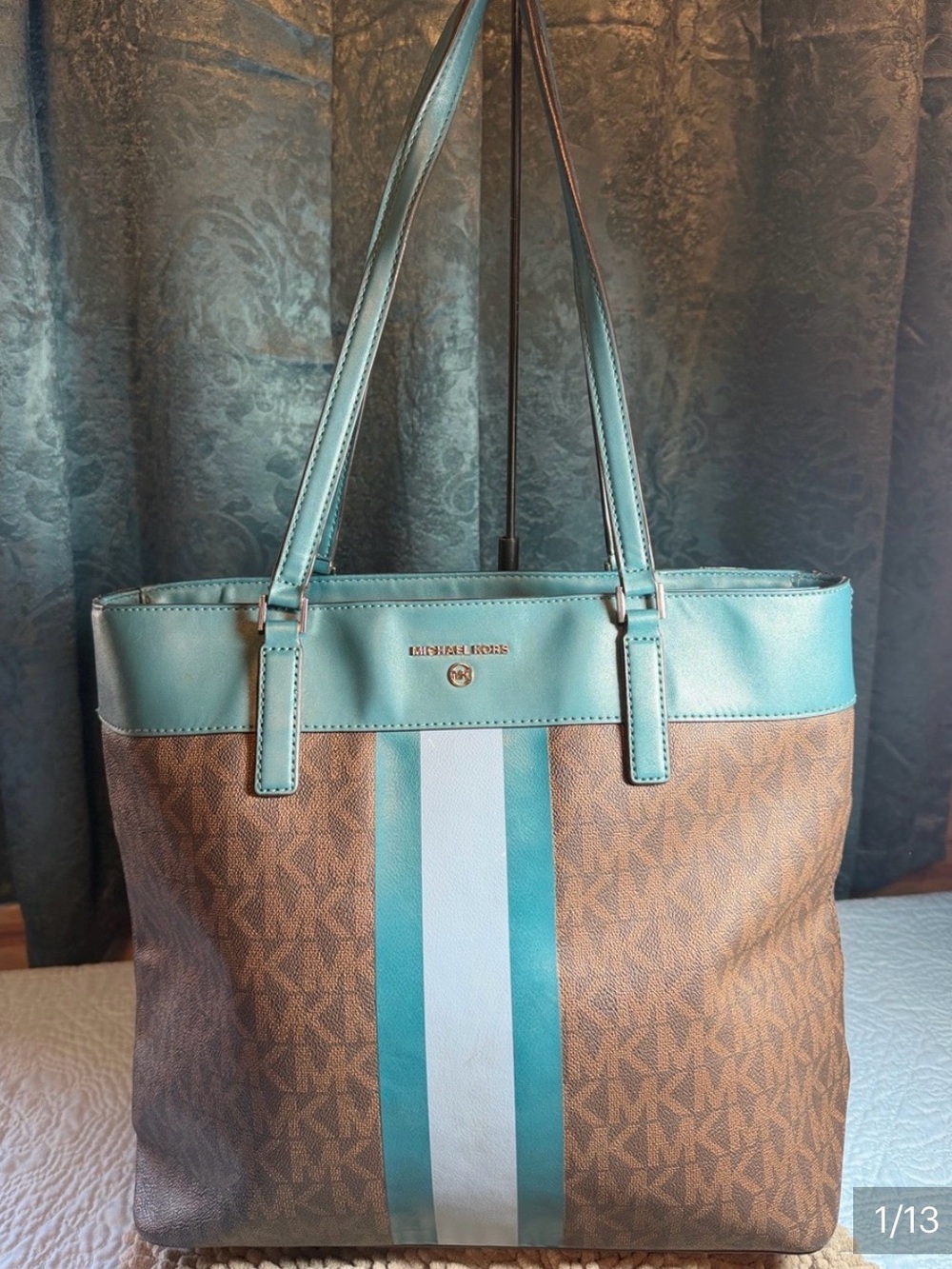 Michael Kors Eva Large Signature Logo tote Bag ! Leather, teal and brown *EUC